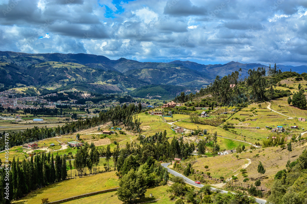 Boyaca, paipa Colombia, looking at mountain range and farms