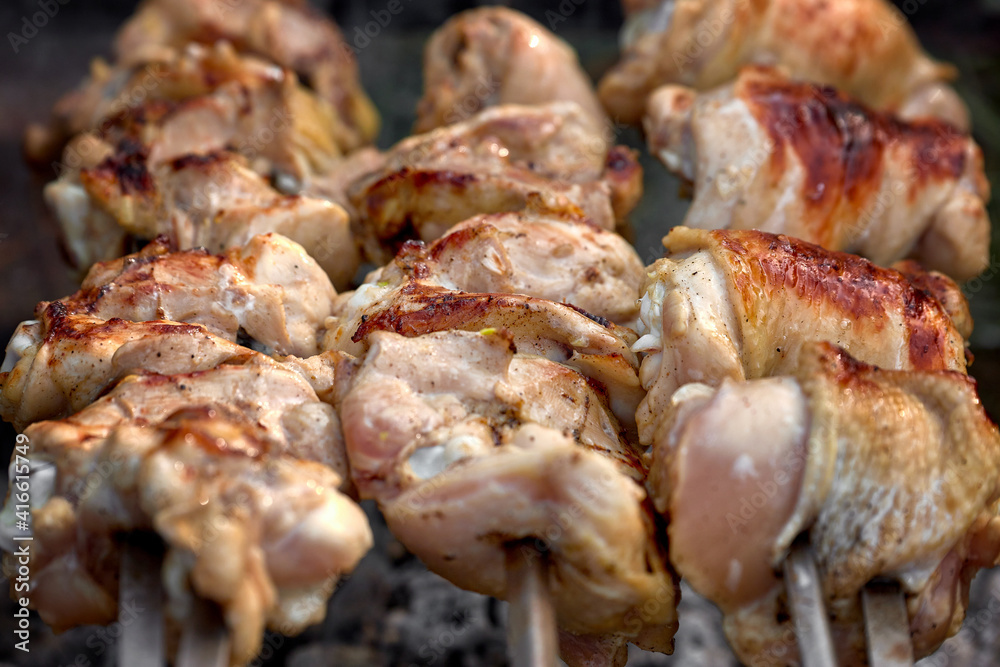 Chicken shashlik, in nature, on a homemade grill, close-up