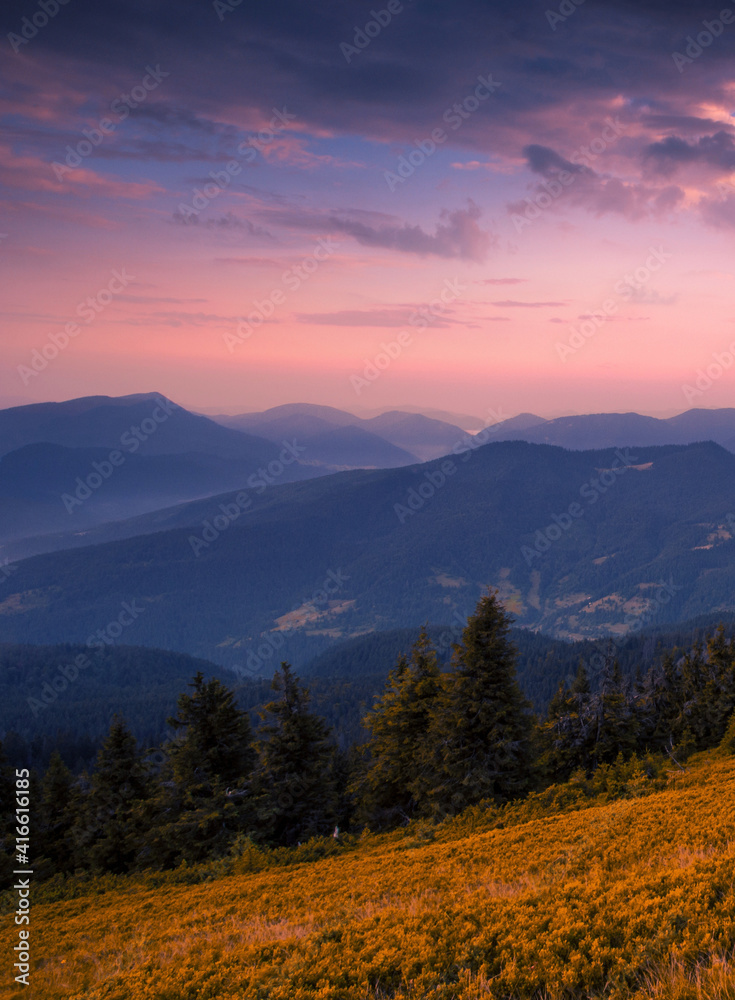 splendid summer sunset image, natural sundown scenery, majestic evening landscape, beautiful nature background in the mountains, Carpathians, Ukraine, Europe	