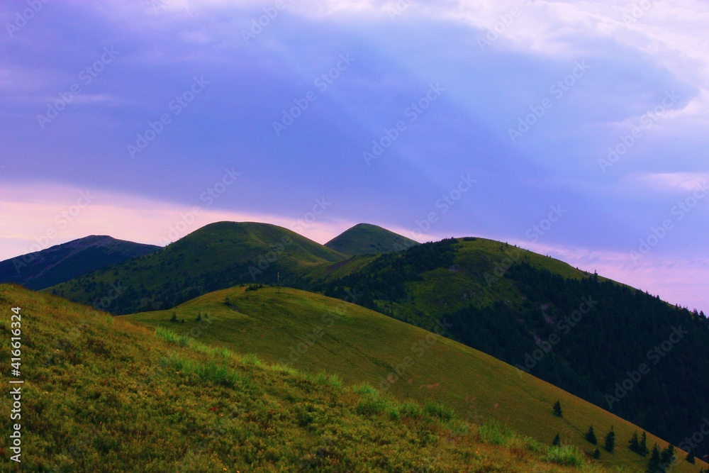 panoramic summer sunset image, natural sundown scenery, majestic evening landscape, beautiful nature background in the mountains, Carpathians, Ukraine, Europe	
