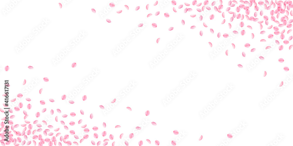 Sakura petals falling down. Romantic pink silky small flowers. Thick flying cherry petals. Wide corn