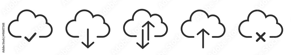 Collection cloud with arrow, check mark, cross line icon. Upload and download cloud arrow vector symbols. Clouds with arrows up and down isolated outline signs. Vector illustration. Collection cloud with arrow, check mark, cross line icon. Upload and download cloud arrow vector symbols. Clouds with arrows up and down isolated outline signs. Vector illustration.