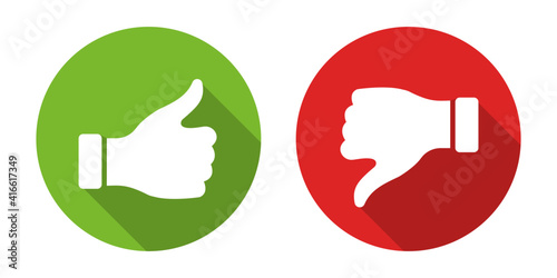 Thumbs up and down vector icons. Good symbol in flat style. Hand like round button. Social media sign. Vector illustration.
