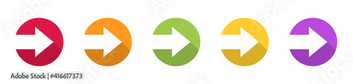 Colorful arrow icon in circle. Collection colored arrow with shadow. Modern flat simple arrows isolated. Cursor sign. Arrows vector graphic elements. Vector illustration.