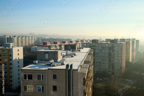 The misty morning detail of the part of the big area of high rise block of flats from the socialist era in Prague in Czech Republic called Černý most. Like rabbit hutches fot the people. 