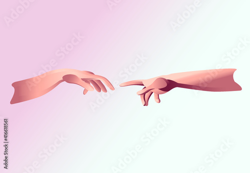 Digital interpretetion of Adam's creation from Michelangelo Buonarroti  in Sistine Chapel. Two hands attempting to reach each other. The Father God in process making man in His image.