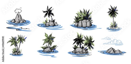Palm tree island on the sea. Hand drawn black outline on transparent background. Vector illustration
