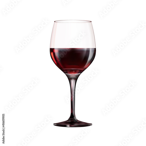 Glass transparent goblet with red wine. 3d vector illustration