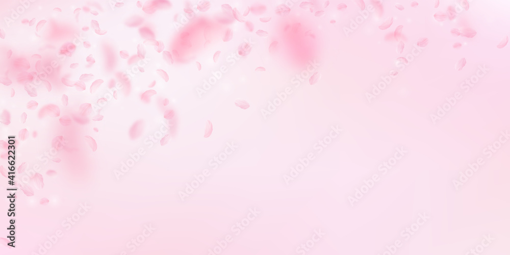 Sakura petals falling down. Romantic pink flowers falling rain. Flying petals on pink wide backgroun