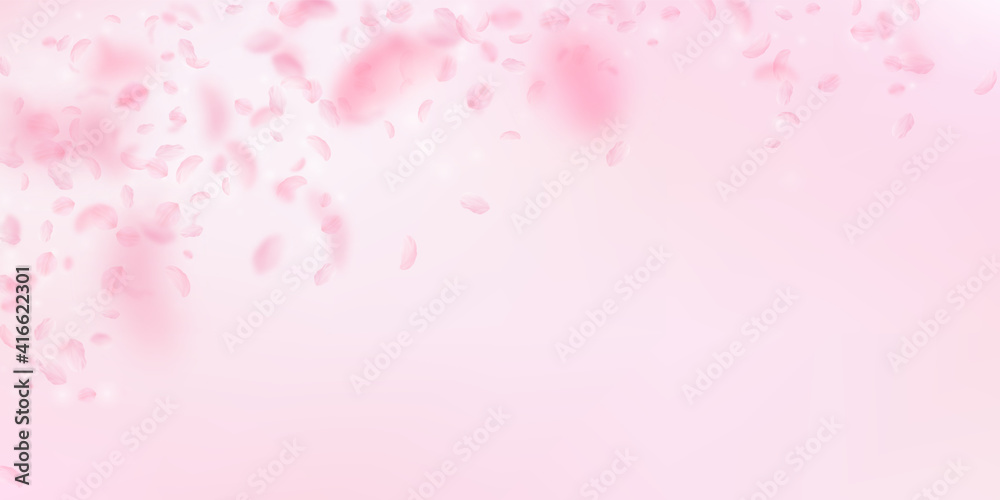 Sakura petals falling down. Romantic pink flowers falling rain. Flying petals on pink wide backgroun Sakura petals falling down. Romantic pink flowers falling rain. Flying petals on pink wide backgroun