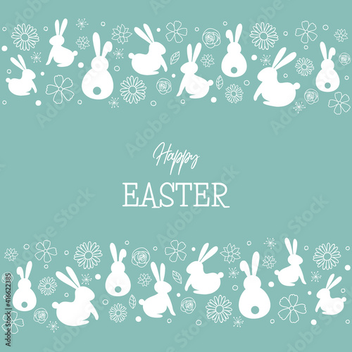Easter greeting card with bunnies and flowers. Vector