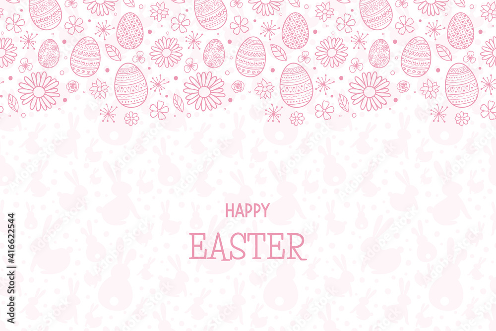 Happy Easter. Design of simple card with eggs and flowers. Vector