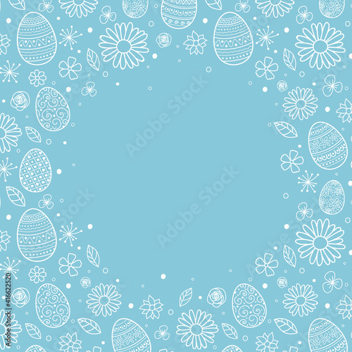 Simple Easter background with hand drawn eggs and flowers. Vector