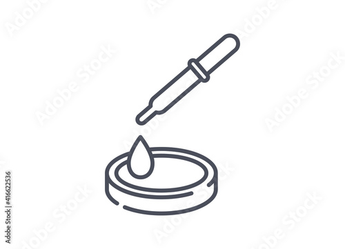 Pipette or dropper dispensing a liquid by drops onto a petri dish with culture medium in a laboratory, line drawn black and white vector illustration isolated on white background
