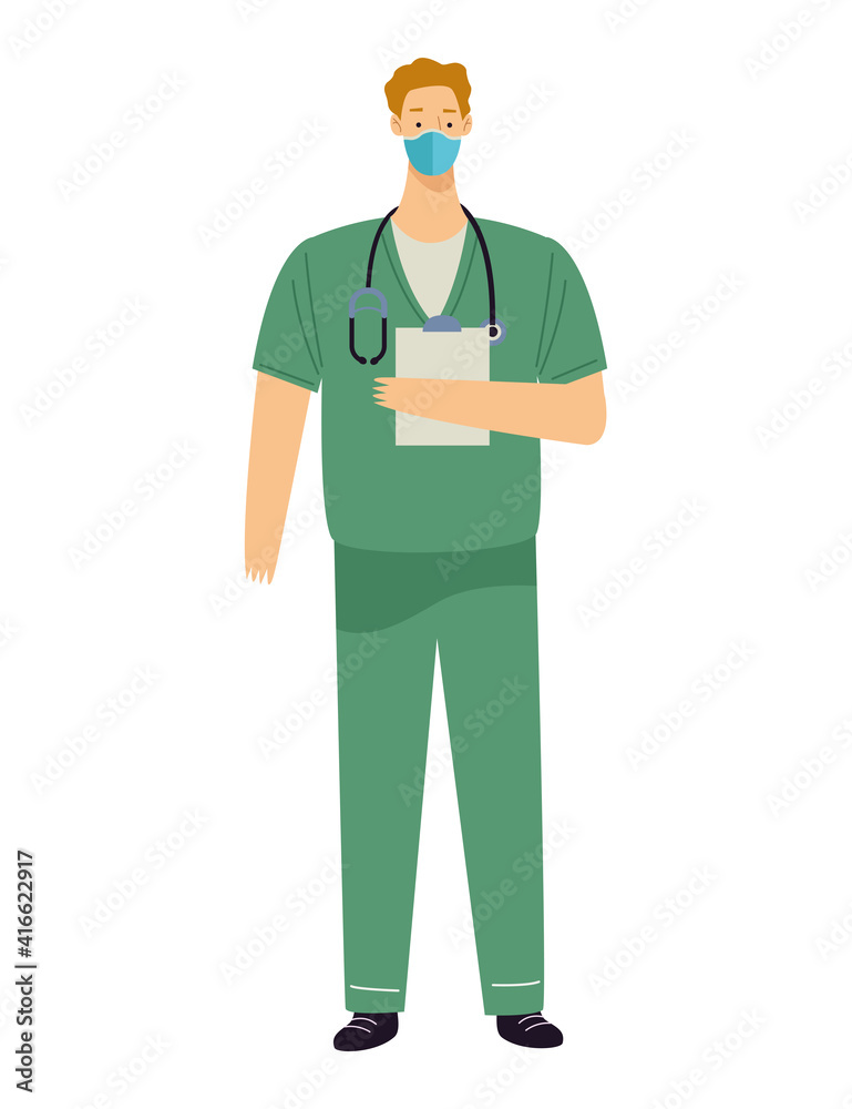 male doctor wearing medical mask and stethoscope with checklist male doctor wearing medical mask and stethoscope with checklist
