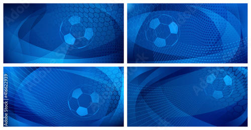 Set of four football or soccer backgrounds with big ball in blue colors