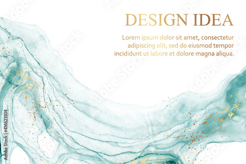 Modern abstract luxury background design or card template for birthday greeting or wallpaper or poster with blue watercolor waves or fluid art in alcohol ink style with golden glitter on a white.
