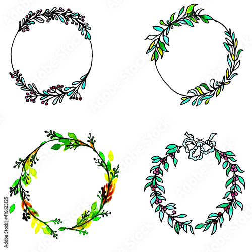 Set of spring wreaths of olive branches with olives, willow branches and various plants. The technique silhouette. Wreaths with various flowers and berries. The color is black.
