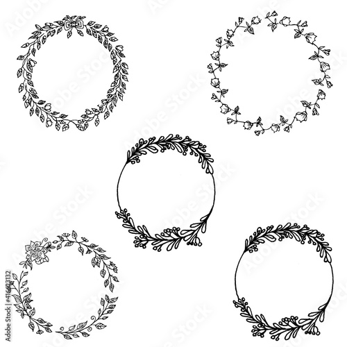 Set of spring wreaths of olive branches with olives, willow branches and various plants. The technique silhouette. Wreaths with various flowers and berries. The color is black.