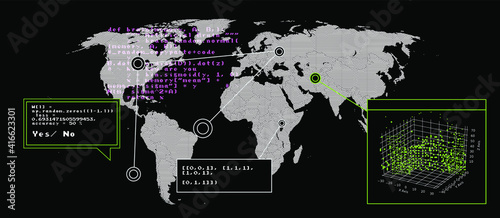 Sci-fi retrofuturistic dashboard with message boxes and windows. Computer screen of hacker's desktop with programs and charts, map of the world. 