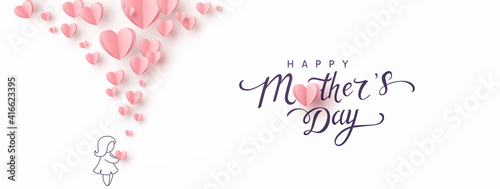 Mother's day greeting card. Vector banner with girl and flying pink paper hearts. Symbols of love on white background