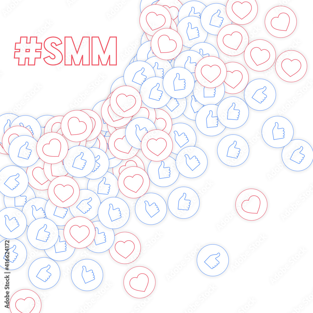 Social media icons. Smm concept. Falling scattered thumbs up hearts. Radiant left top corner element