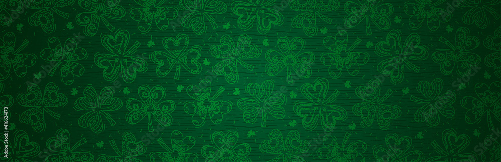 Green Patricks Day greeting banner with green clovers. Patrick's Day holiday design. Horizontal background, headers, posters, cards, website. Vector illustration - obrazy, fototapety, plakaty 