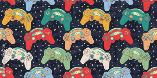 Vector Seamless Retro pattern with joysticks. Video game controller gaming cool print for boys and girls. Print for textiles, sportswear.