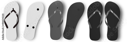 Beach slippers vector design template of summer beach Flip Flops. Realistic 3d blank mockup. Monochrome Flip Flops.