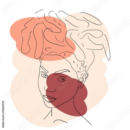 Abstract woman face one line drawing. Portrait minimalistic style. Modern abstract face with abstract shapes. Minimalism concept. Line art drawing style. Contemporary silhouette of woman. Hand drawn