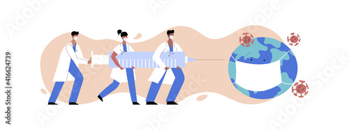 Doctors and nurses fight coronavirus with covid-19 vaccine. People carry big syringe with antivirus shot and inject pathogen. Healthcare, coronavirus, prevention and immunize. Stop covid pandemic.