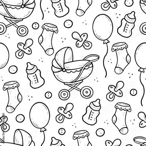 Hand drawn seamless pattern of baby shower elements, toy, ball, milk bottle, sock. Doodle sketch style. Baby element drawn by digital pen. Vector illustration for wallpaper, background, textile design