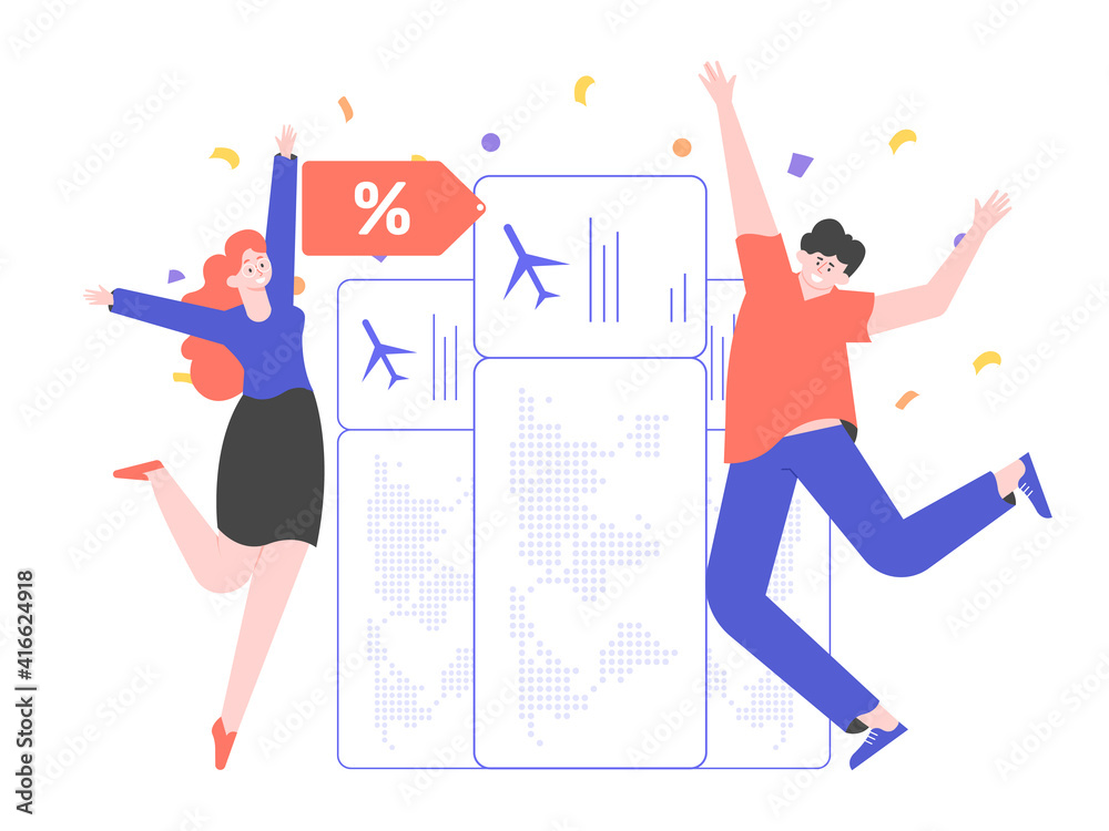 People rejoice at the bargain price of air tickets. Discounts and promotions. Airplane travel concept. The man and woman are jumping joyfully. Vector flat illustration. People rejoice at the bargain price of air tickets. Discounts and promotions. Airplane travel concept. The man and woman are jumping joyfully. Vector flat illustration.