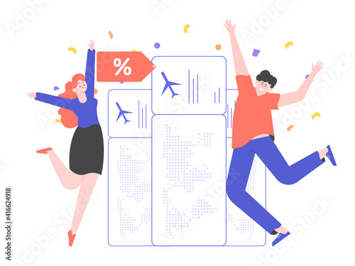 People rejoice at the bargain price of air tickets. Discounts and promotions. Airplane travel concept. The man and woman are jumping joyfully. Vector flat illustration.