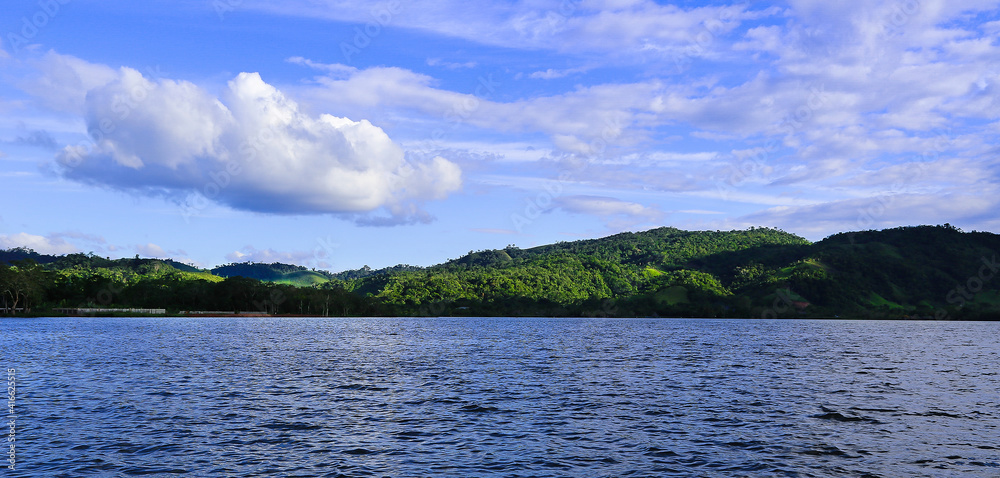 Huallaga river of the Peruvian high jungle. River among vegetation with ...