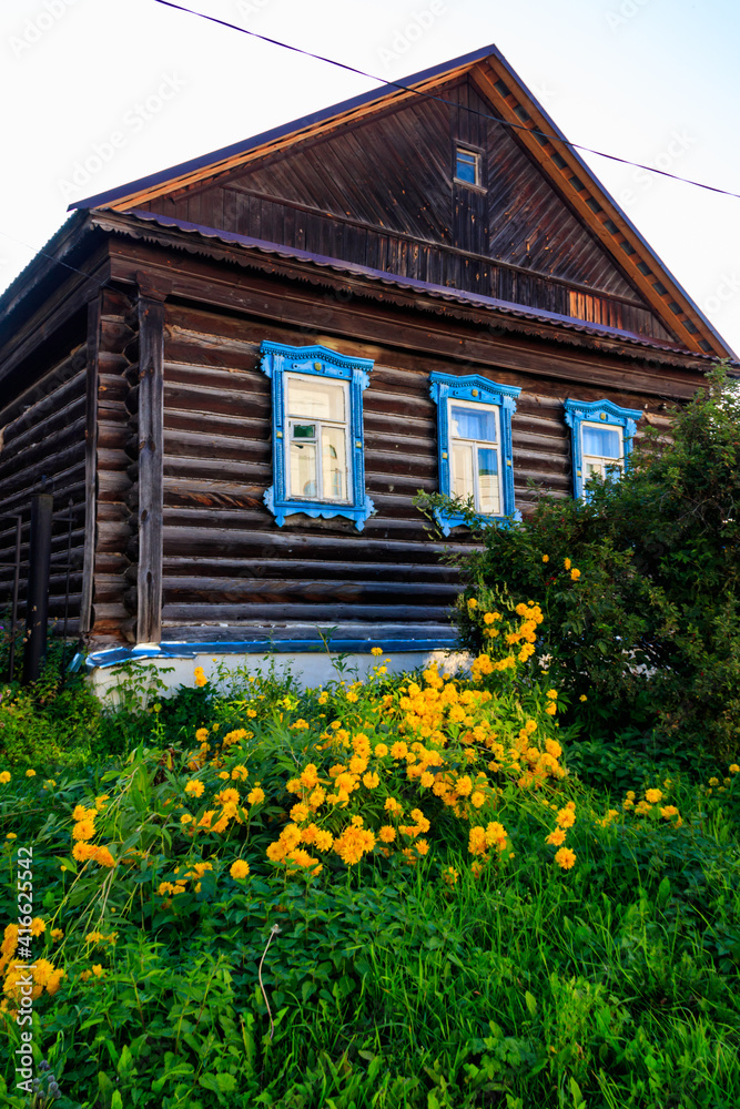 Old wooden log house in a russian village