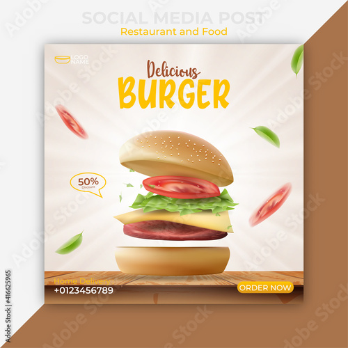 Editable social media post template. burger or fast food banner ads. illustration vector with realistic burger