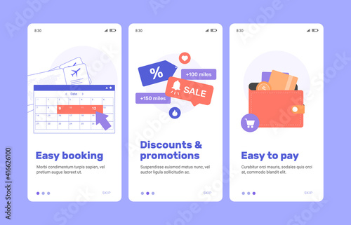 Welcome screens of the flight booking mobile application. Buying plane tickets, discounts and promotions, easy payment. Vector flat illustration.