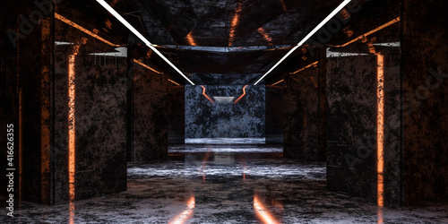 Fototapeta Naklejka Na Ścianę i Meble -  futuristic abstract grunge industrial building with red lights and reflections 3d render illustration