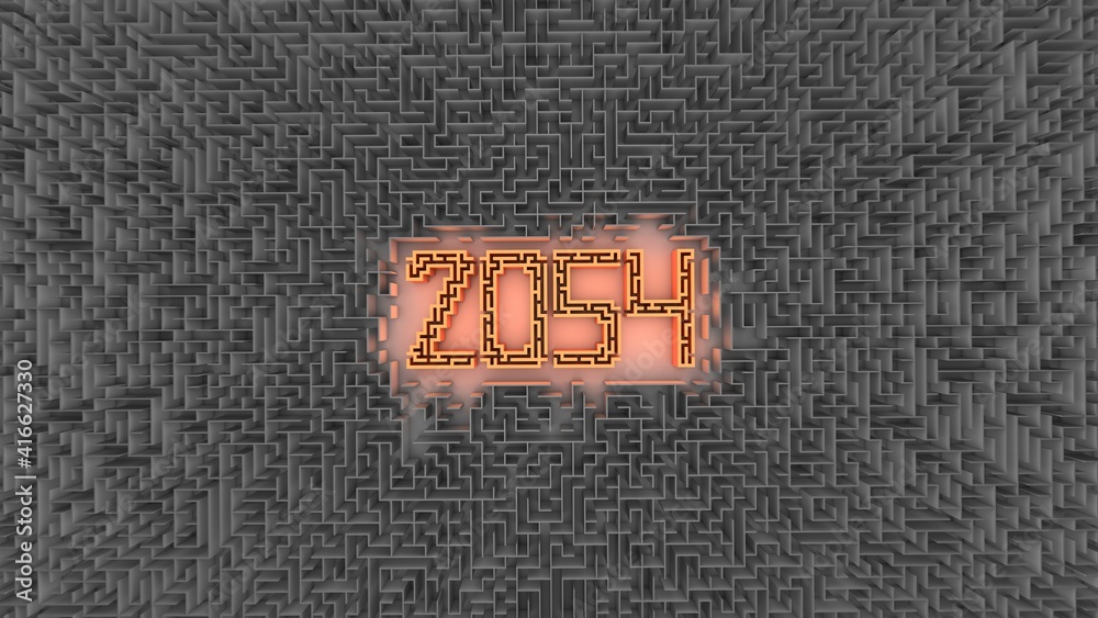 3D illustration of number 2054 in a center of a maze 3D illustration of number 2054 in a center of a maze