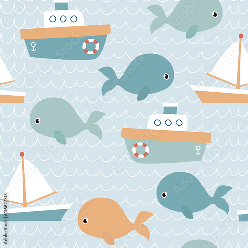 Childish sea seamless pattern with boats and whales. It can be used for wallpapers, wrapping, cards, patterns for clothes and other.