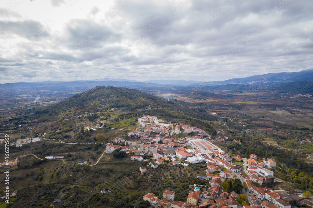 Belmonte historic village drone aerial view of castle in Portugal