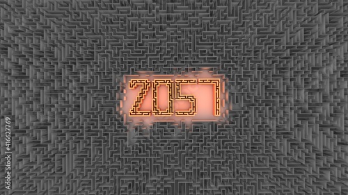 3D illustration of number 2057 in a center of a maze