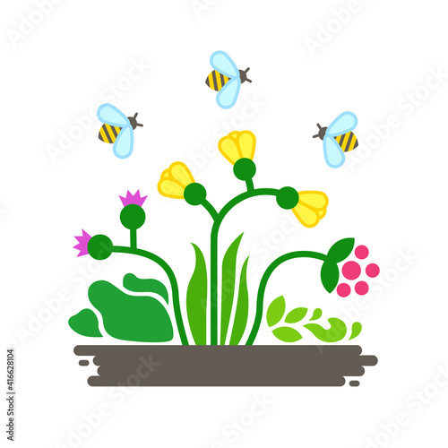 Wild flowers and bees. Small ecosystem. Vector illustration.