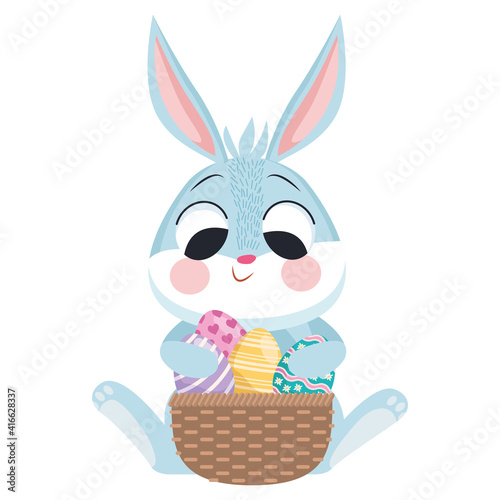 cute easter rabbit with eggs painted in basket character