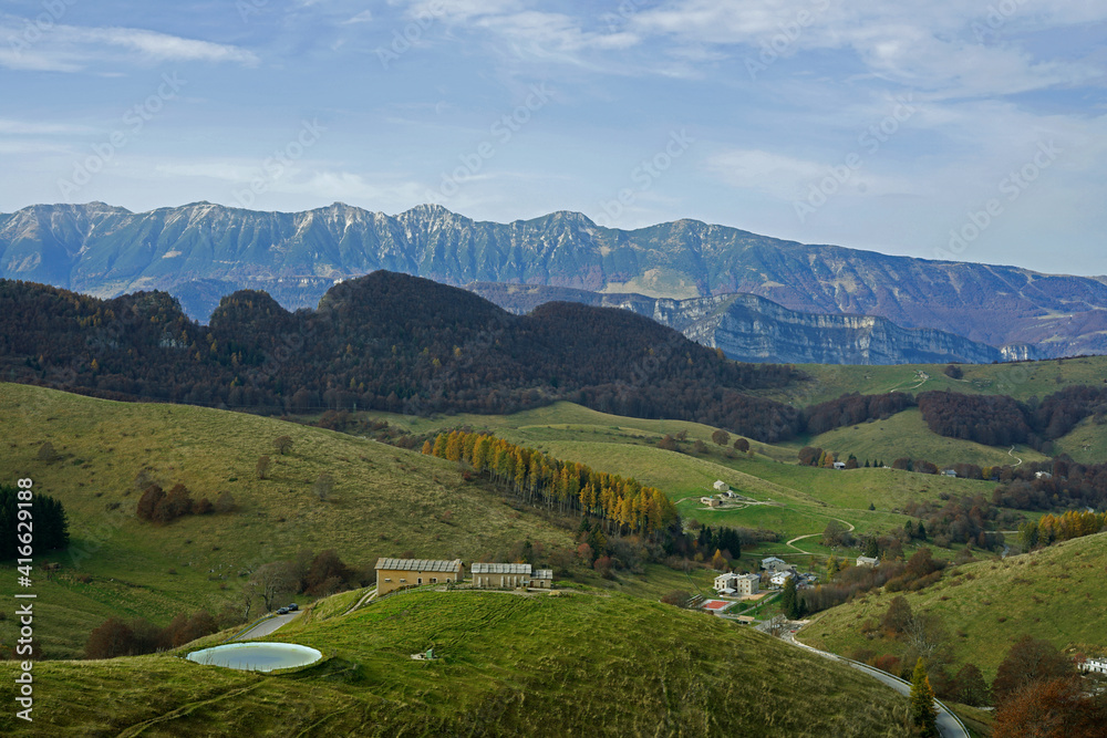  Panorama of a green Italian mountains. Woods and green hills in summer. Fresh air, silence and peace.  