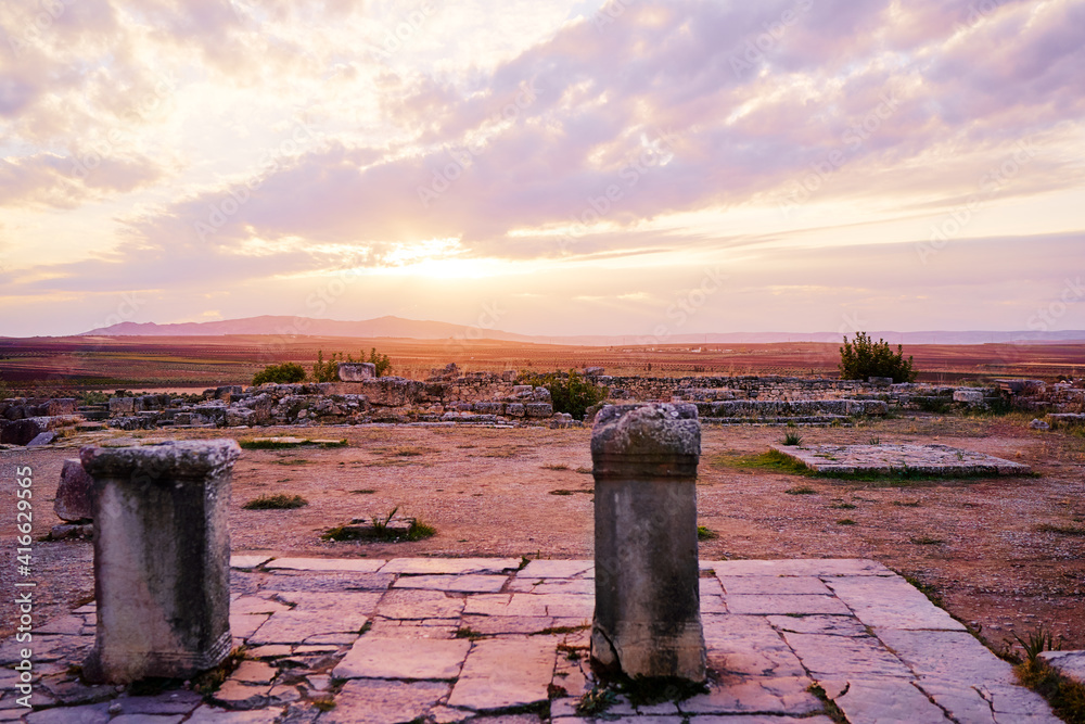Beautiful sunset lanscape. The ancient antigue roman city Volubilis in Morocco, Africa. Beautiful sunset lanscape. The ancient antigue roman city Volubilis in Morocco, Africa.