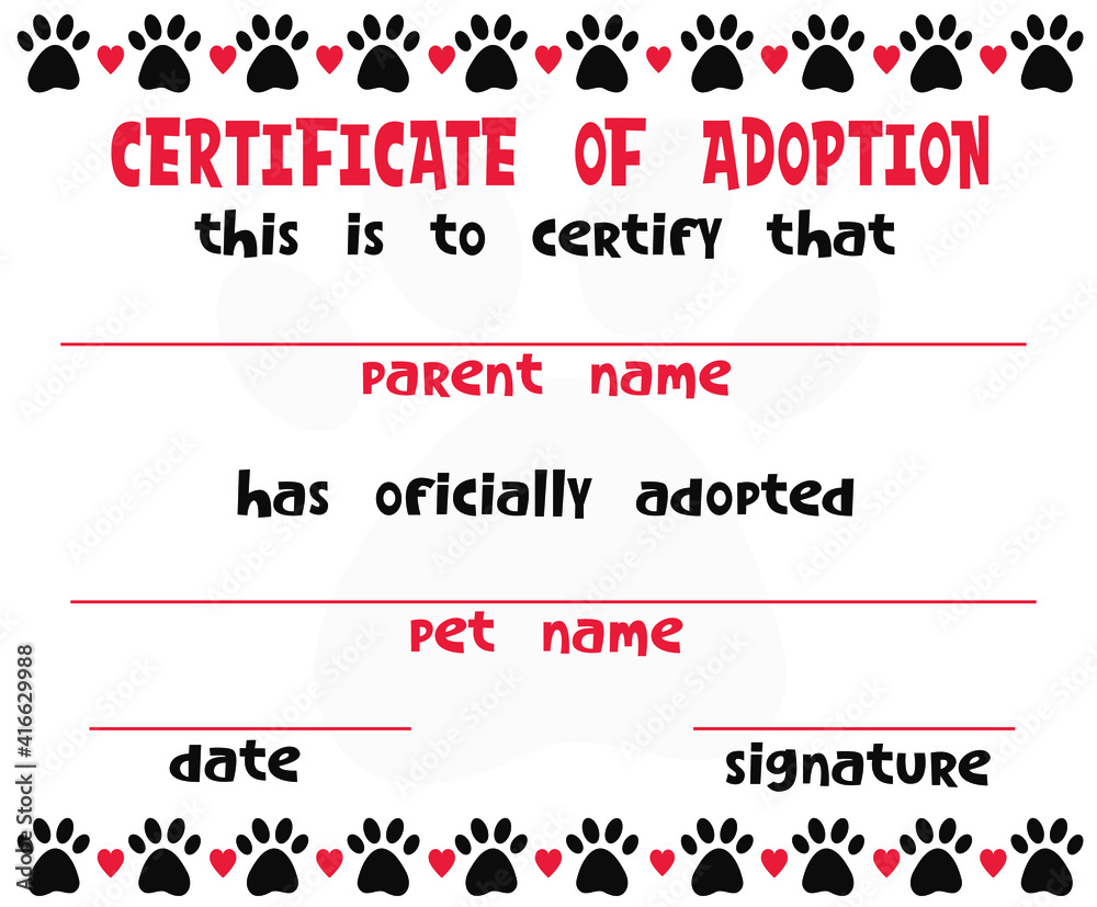 Pet Adoption Certificate Vector Template Design Cat Or Dog Paw Border