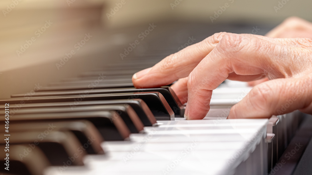 Fototapeta premium Adult Hand Practicing Playing Piano