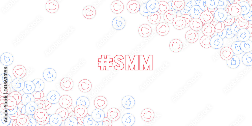 Social media icons. Social media marketing concept. Falling scattered thumbs up hearts. Wide corners